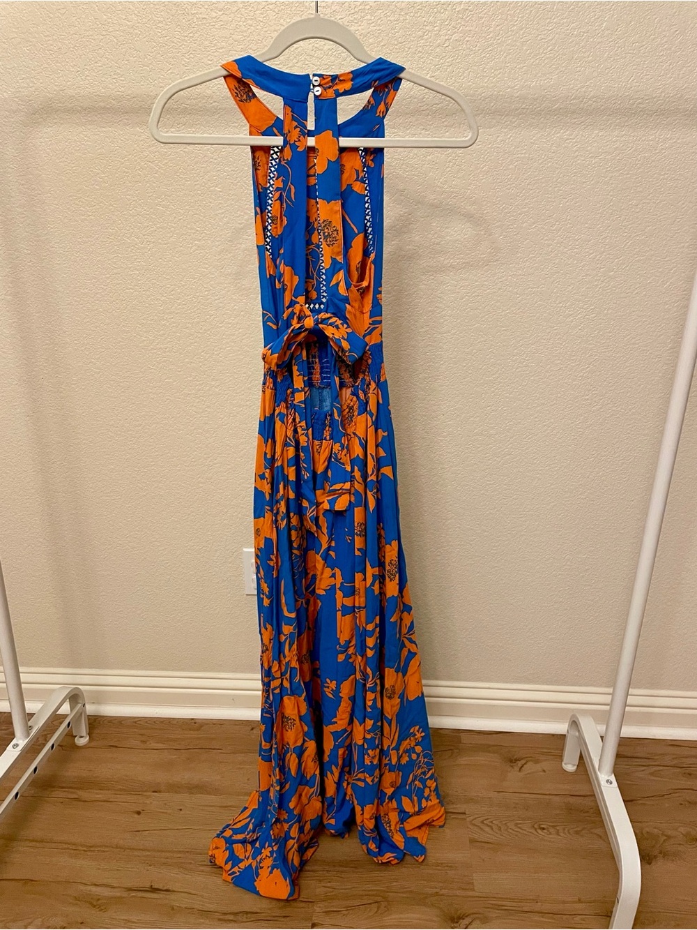 Sleeveless Blue & Orange Floral Maxi Dress with Smocked Waist - Picture 2 of 4